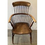 19th Century elm stick-back narrow-arm Windsor chair with turned supports and sloped seat (saleroom