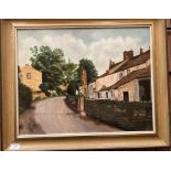 R J Hills, framed oil on board 'Village Lane', 44cm x 56cm,