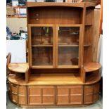 Mid-Century teak three-piece side board wall unit including two glass doors to upper section over a