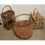 Three assorted cane hand-made items including flower basket,