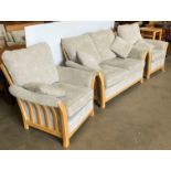 Pine framed conservatory suite including two-seater settee armchairs,