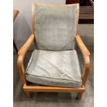 1960s style light wood framed easy armchair with green upholstery (saleroom location: MA4)