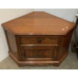 Oak single drawer single door corner TV cabinet with scrolling pattern,