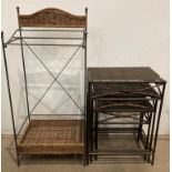 Dark grey metal nest of three tables and a grey metal and wicker foldable umbrella/walking stick