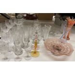 Contents to part of rack - assorted glasses, coloured vase, bowls, jugs etc.