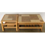 Two light oak framed tiled topped coffee tables,