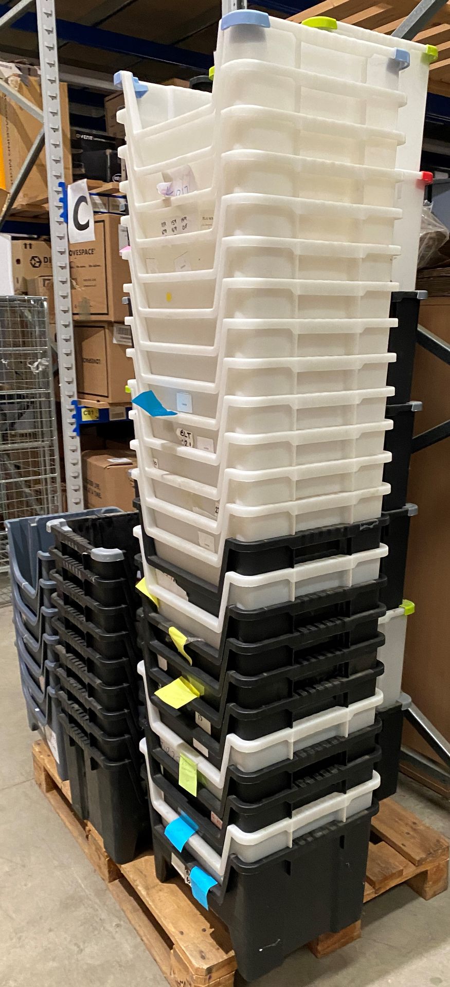 Contents to pallet - 50 x black, clear and grey plastic stacking crates, - Image 2 of 4