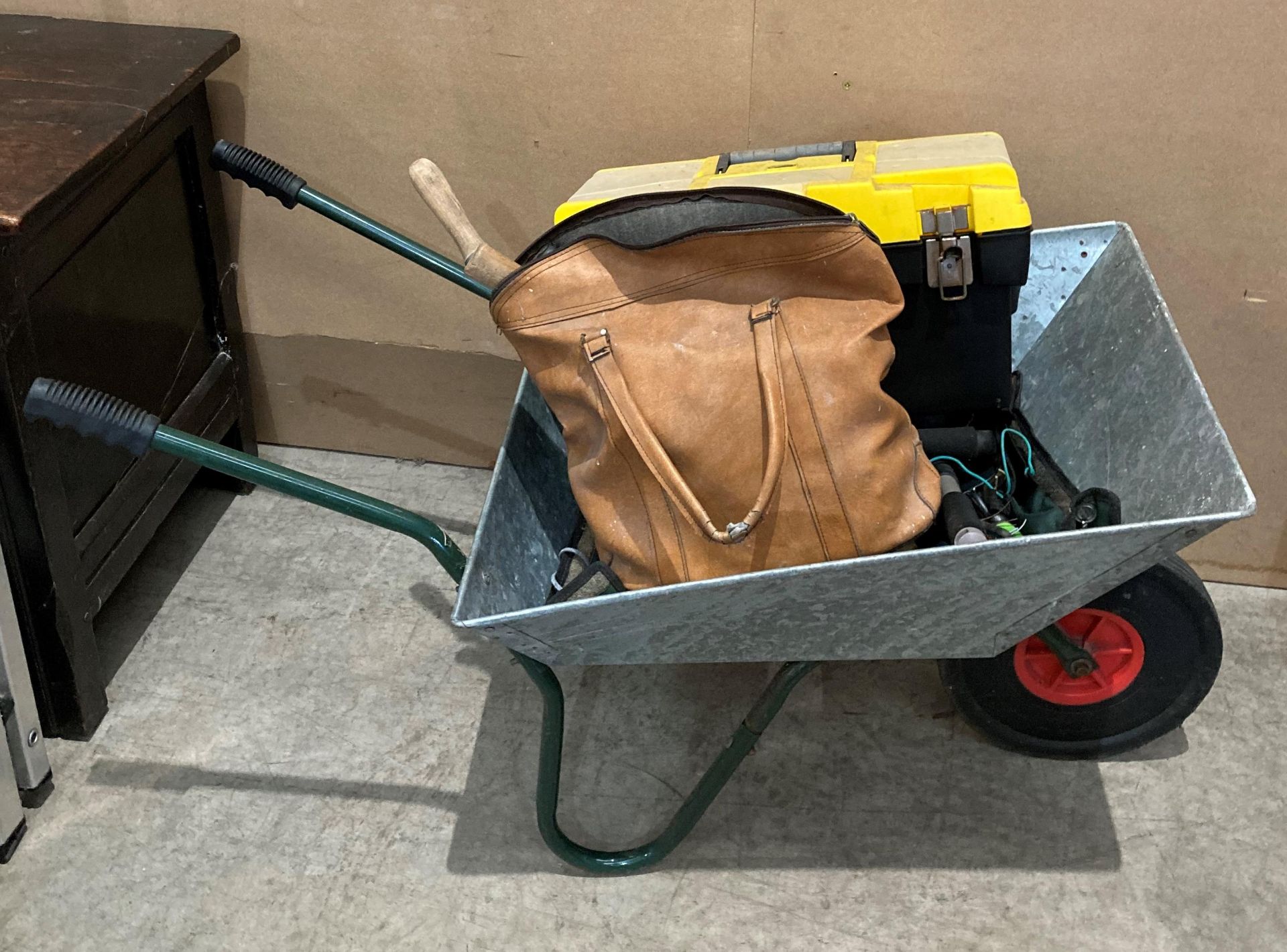 Galvanized wheelbarrow and assorted hand tools and tool box (saleroom location: MA4)
