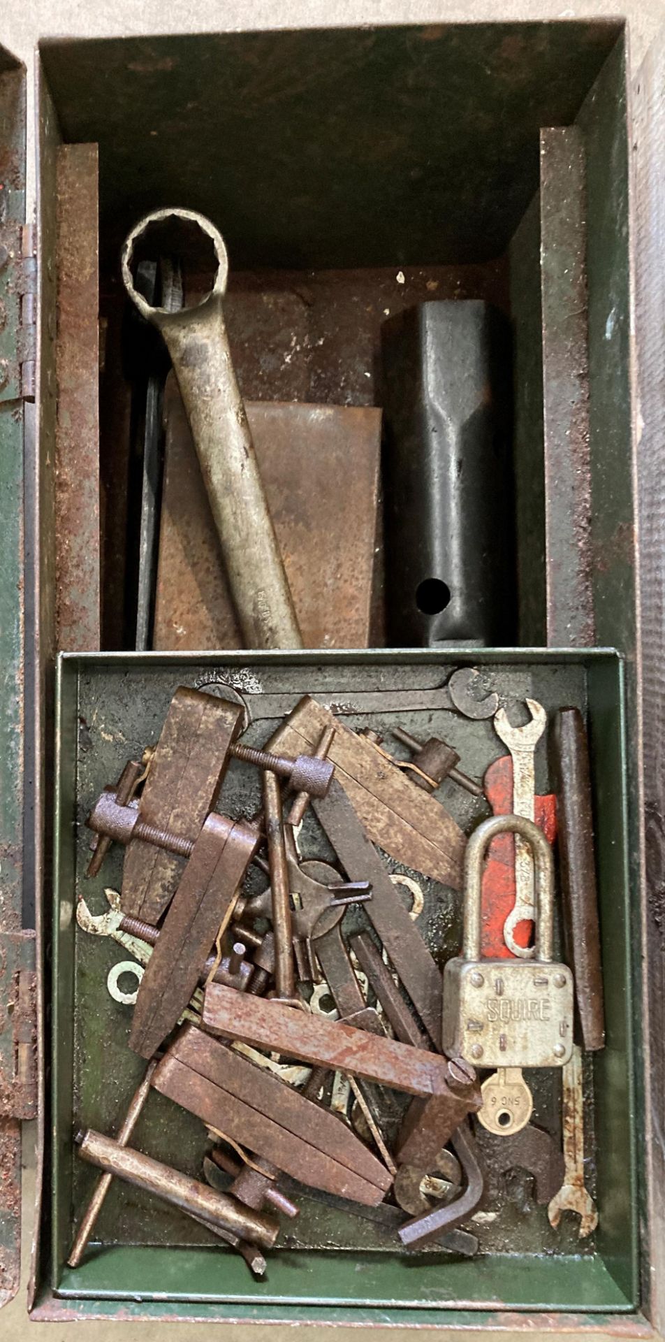 Three vintage green metal tool boxes, - Image 3 of 6