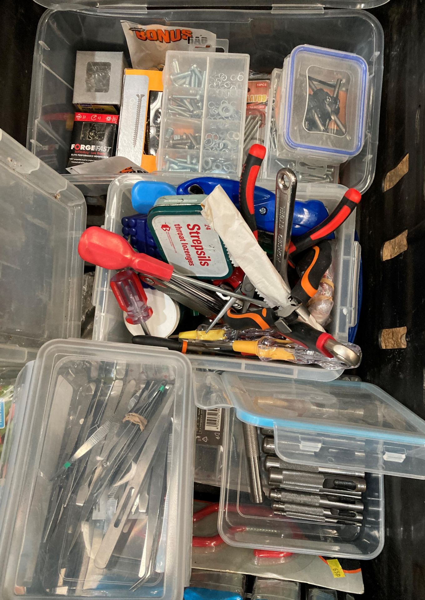 Contents to crate - assorted tubs of screws, nuts, bolts, wrenches, screwdrivers, hole-punches, - Image 2 of 3