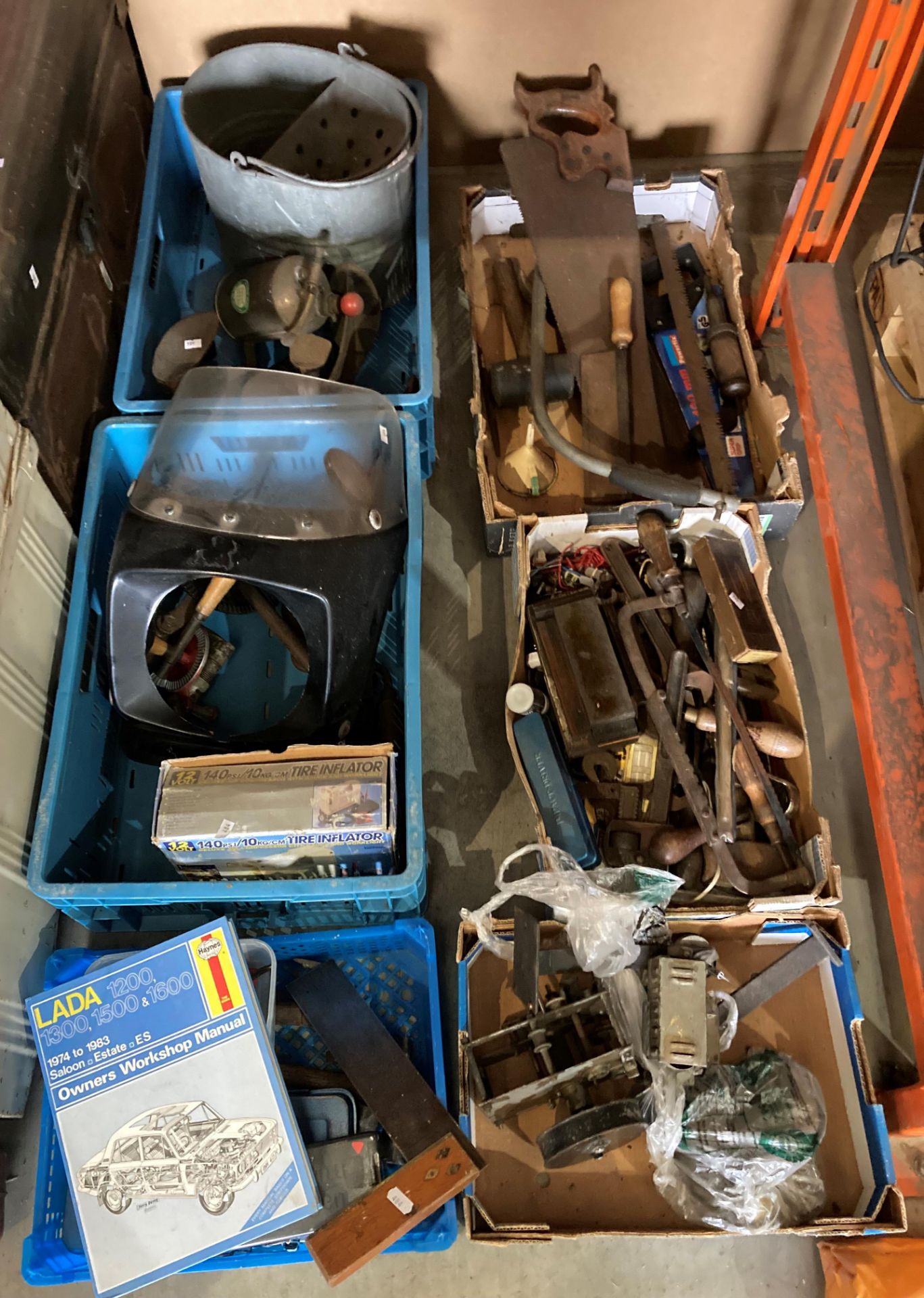 Contents to six boxes and crate - assorted hand tools, bit and brace, shoe last, saws, spanners etc.