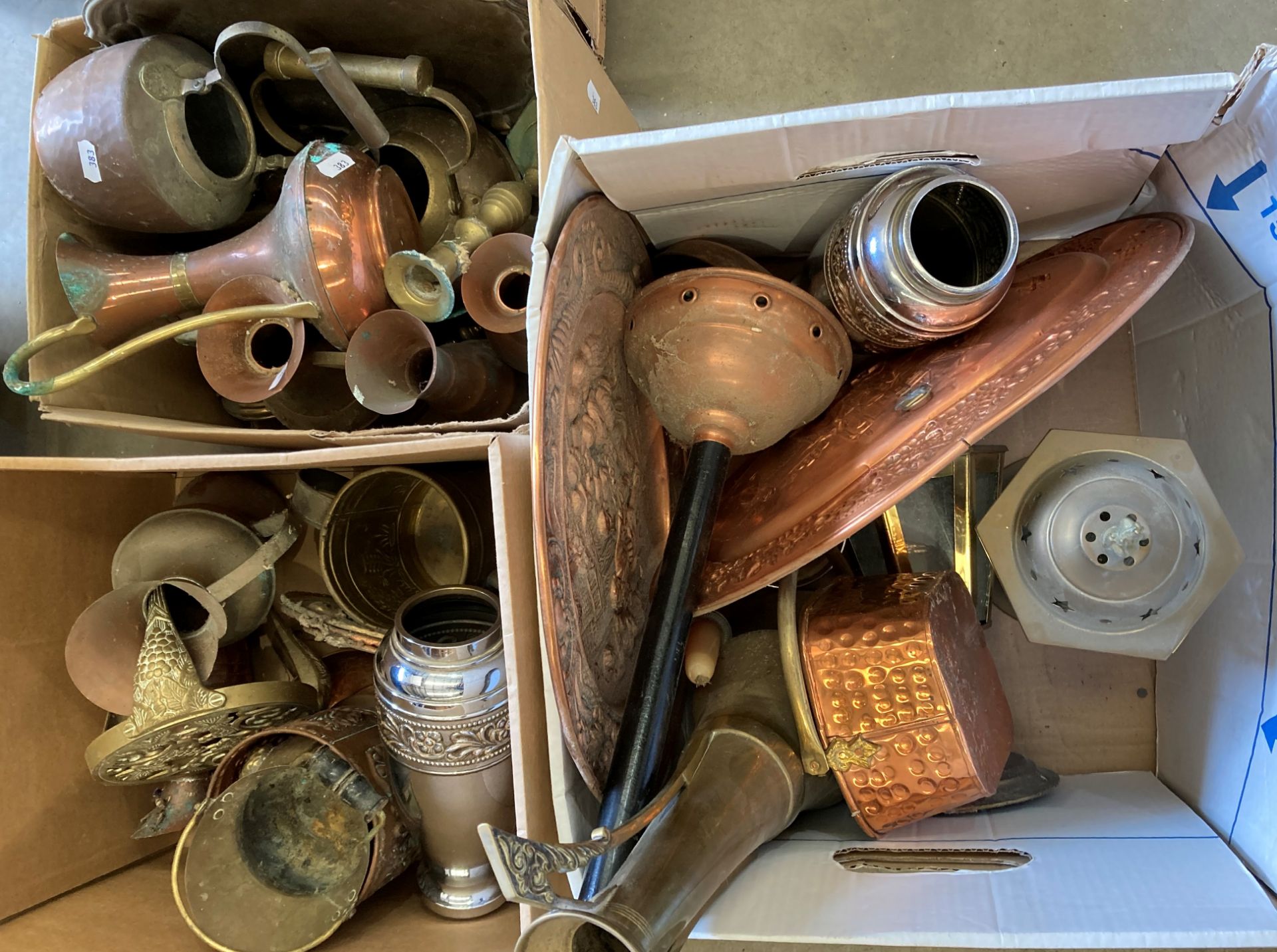 Contents to three boxes - assorted copper and brass ware including jugs, kettles, small posser,