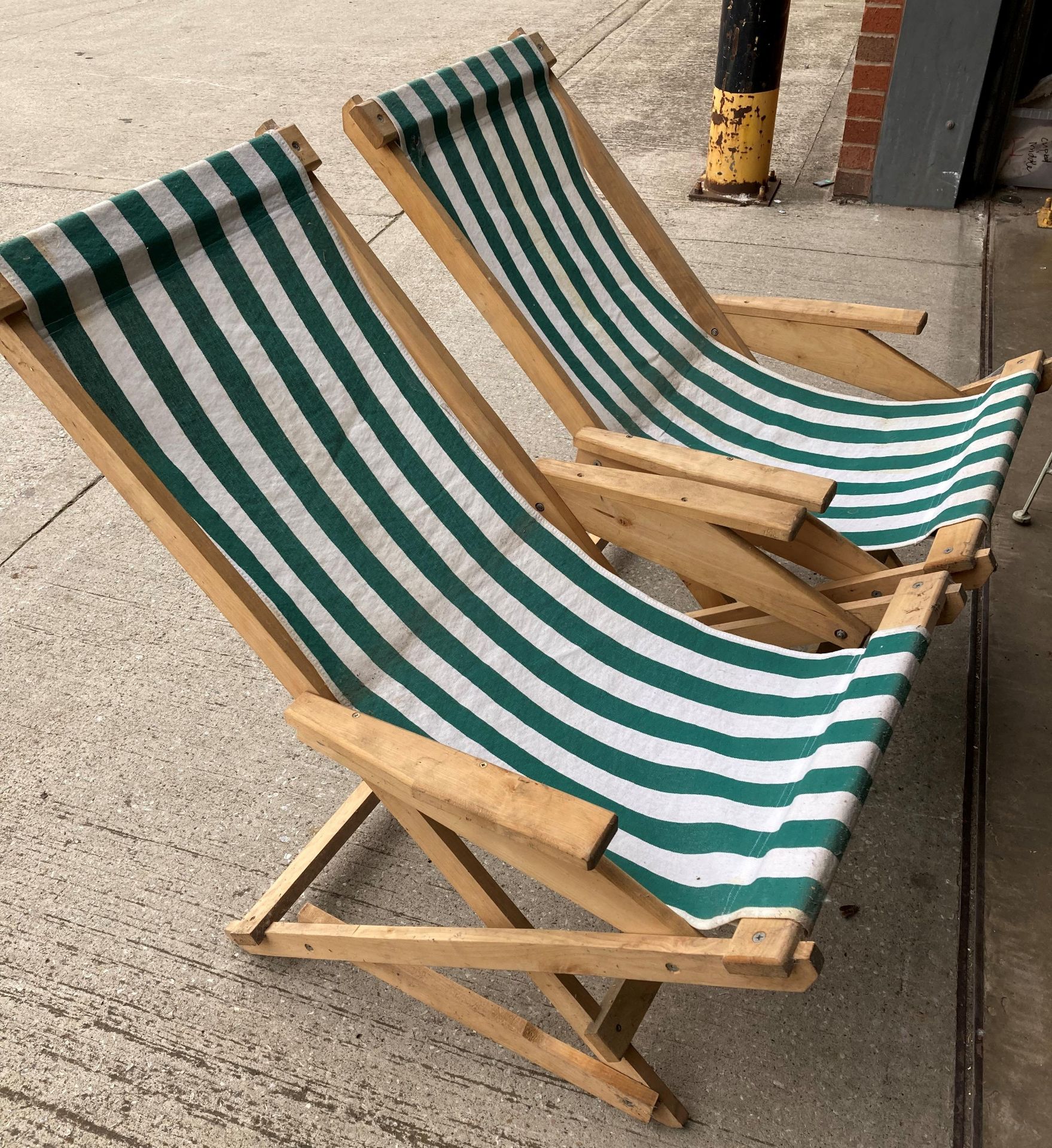 Pair of wooden deck armchairs with green and white striped material (saleroom location: MA4) - Image 2 of 2