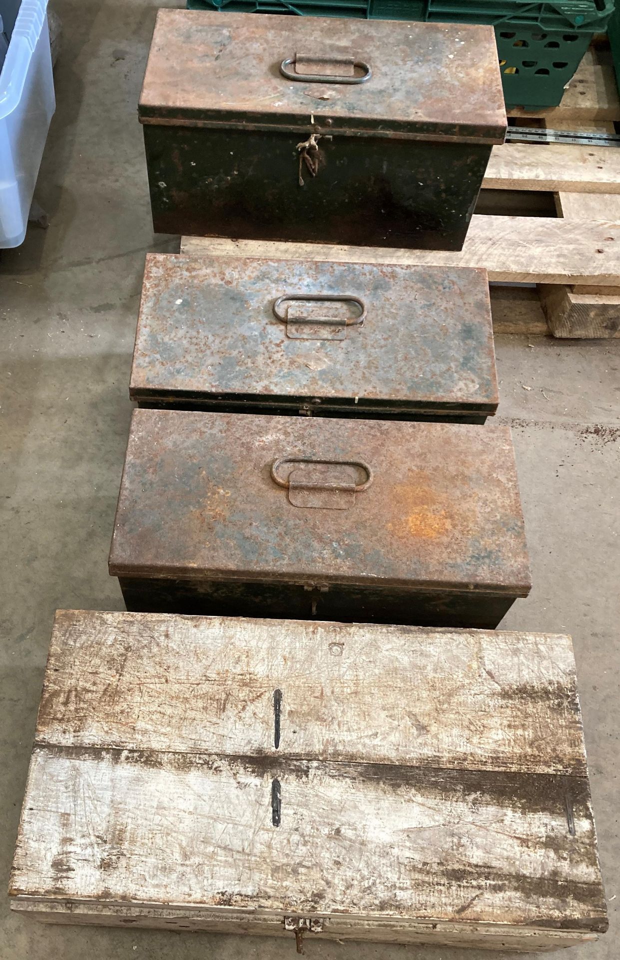 Three vintage green metal tool boxes, - Image 6 of 6