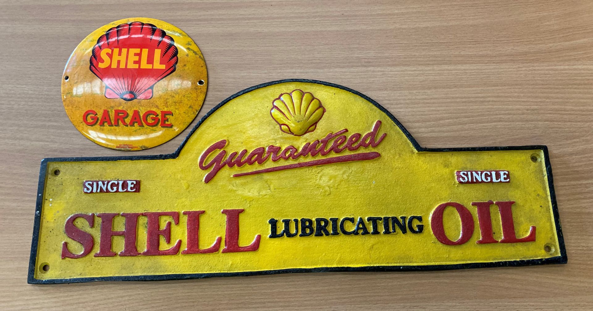 'Shell Lubricating Oil' cast iron name plate/sign and a circular 'Shell Garage' metal sign, - Image 2 of 3