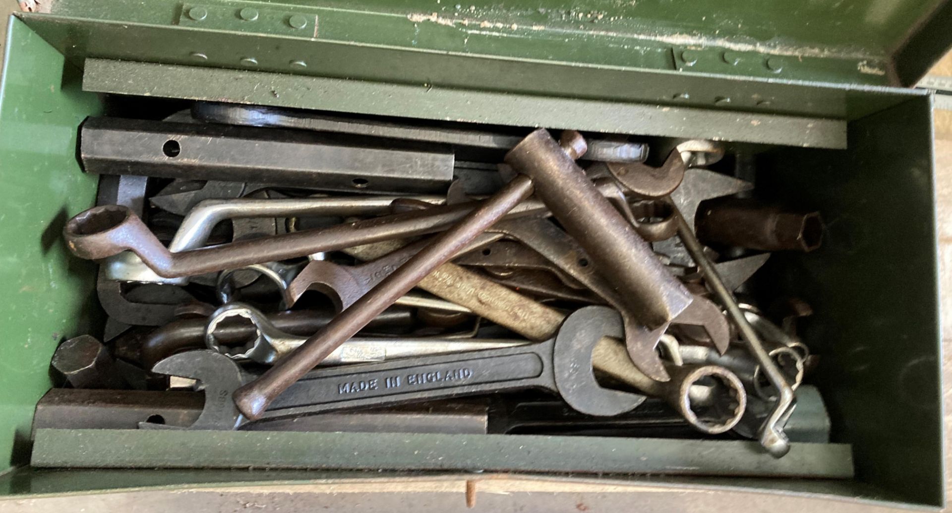 Three vintage green metal tool boxes, - Image 5 of 6
