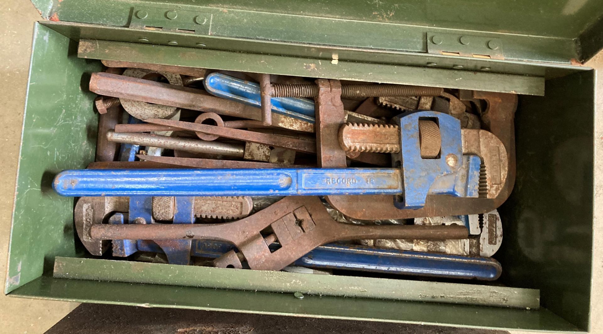 Three vintage green metal tool boxes, - Image 4 of 6