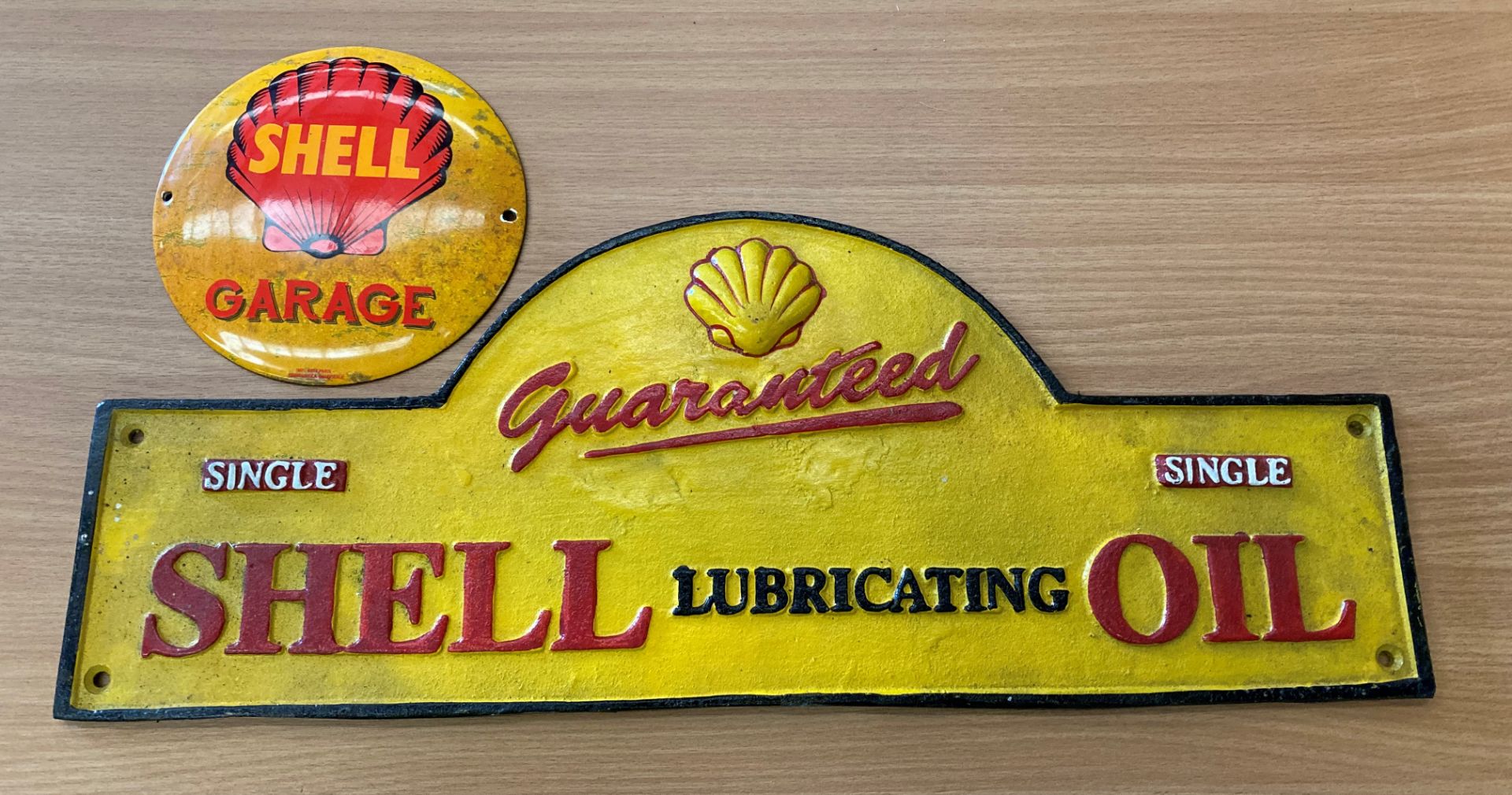 'Shell Lubricating Oil' cast iron name plate/sign and a circular 'Shell Garage' metal sign, - Image 3 of 3