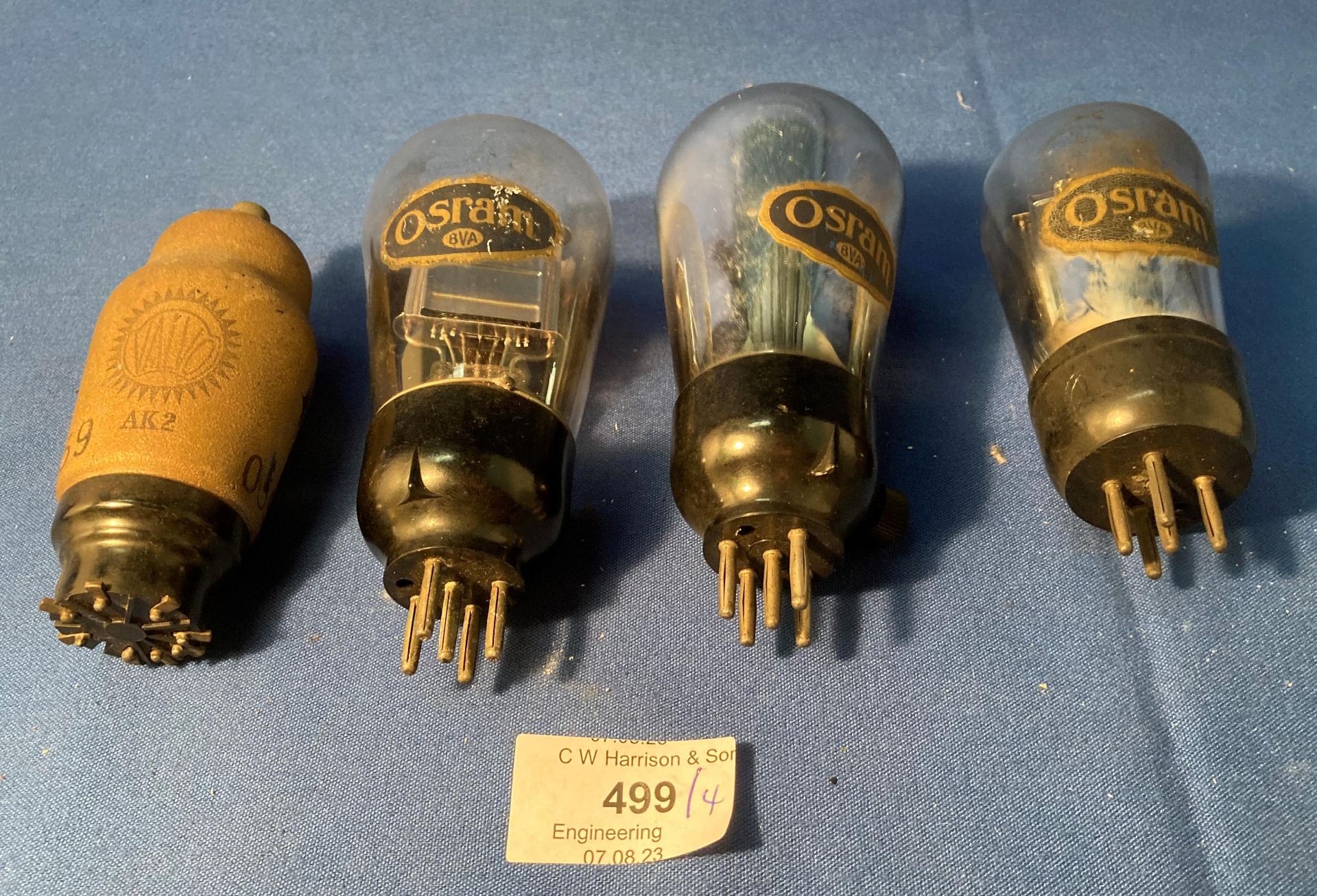 A Valvo AK2 power amplifier valve and three Osram amplifier valves - MPT4,