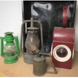 Black plastic box containing four items - Kenyons 72 red warning lamp,