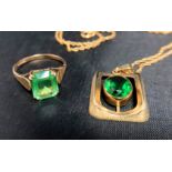 Two 9ct gold items - one 9ct gold ring with a green gemstone (possibly andradite - size N) and a