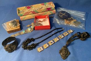 Contents to basket - a vintage Egyptian Revival scarab panel bracelet,
