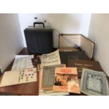 Green plastic box containing a quantity of organ music, small collection of mainly German stamps,