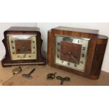 Two wooden-cased mantel clocks with keys 21cm and art deco clock 23cm high (damage to part of