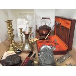 Oneida canteen of cutlery and plastic box containing seventeen items including , copper kettle,
