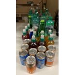 Forty items - soft drinks, mixers, bottles of still mineral water, two cans of Red Bull,