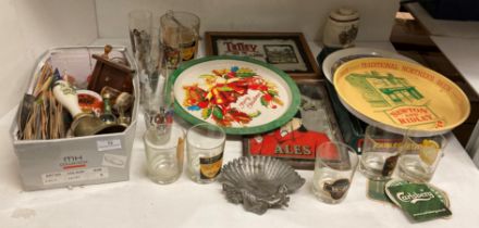 Contents to shelf - pub and drinking memorabilia including trays, glasses, mirrors etc.