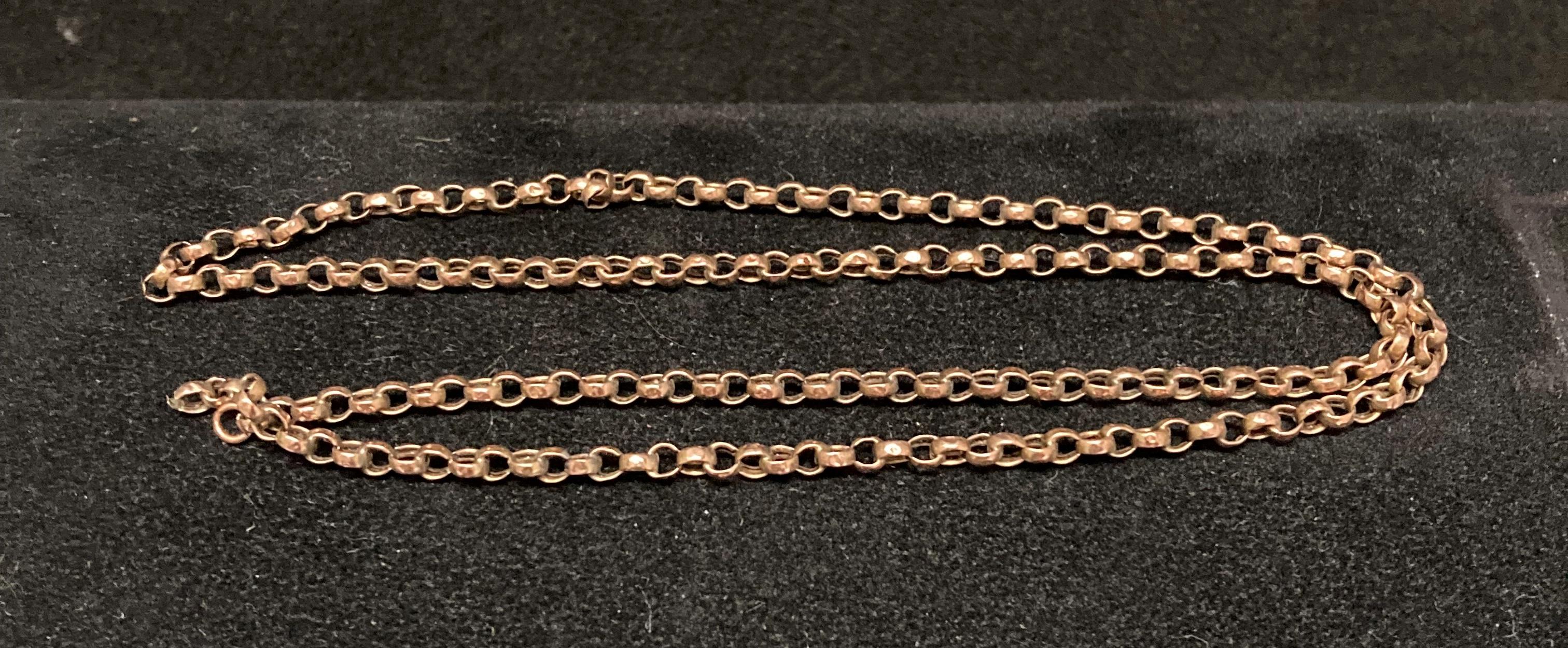 Gold coloured chain, hallmarks visible, no clasp, approximate weight 3.