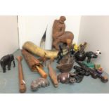 Twenty five plus items , bull's horn, two marble figures of hippos, wooden items including spear,