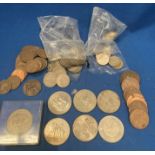 Contents to tub - assorted coins including two £5 coins, crowns, one-shillings, 5p pieces,