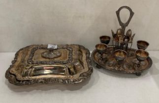 Silver-plated set of six egg cups and spoon on a carrying rack and a silver-plated tureen (saleroom