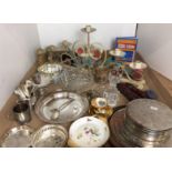 Contents to tray - thirty items including painted metal flower-decorated five arm candle stand 70 x