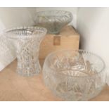 Three cut glass items including conical bowl 32cm maximum diameter with box,