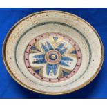 Mary Rich Studio Pottery bowl in pink, blue and gold design (stamped to base), 16.5cm diameter x 5.