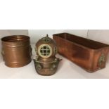 Three pieces of copper and brass ware including miniature divers helmet 20cm high,