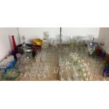 Contents to two trays - one hundred and seventy items mainly glass including four decanters,