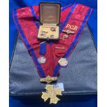 Masonic sash with two silver award medals, other Masonic badges and two Masonic button badges etc.