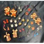 A variety of earrings - novelty, wooden, dogs, cats, glass, faux-gemstone, enamel etc.