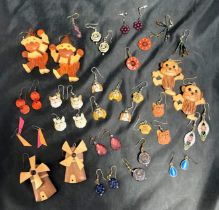 A variety of earrings - novelty, wooden, dogs, cats, glass, faux-gemstone, enamel etc.