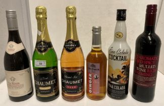 Six various bottles - 2 x Brut Chaumet - Premium & Rose Perry, spiced mulled wine,
