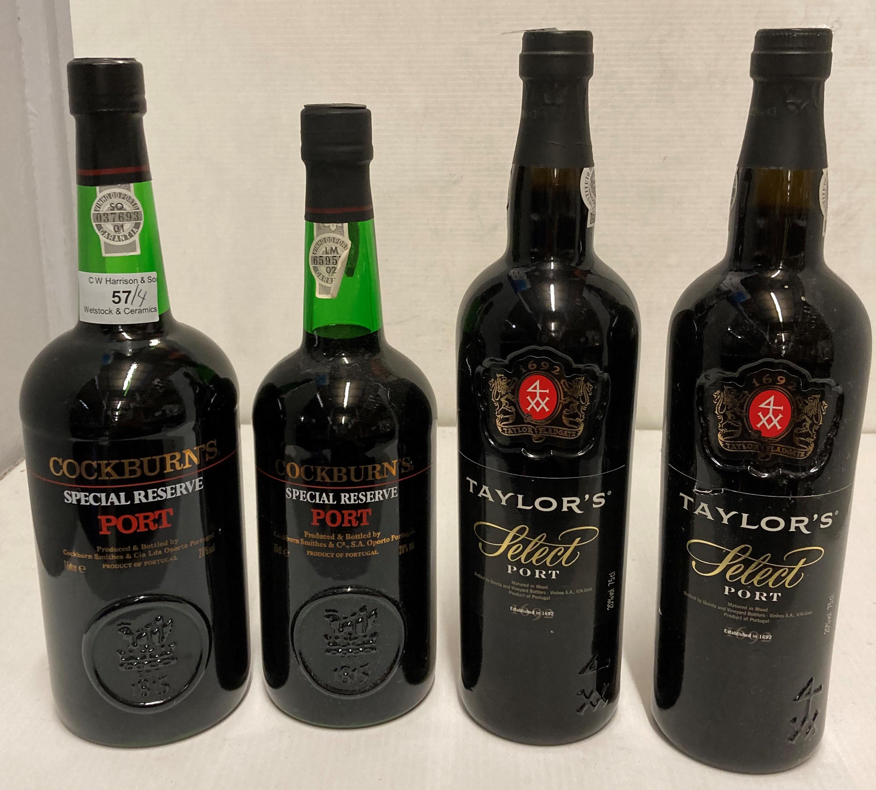 Two 75cl bottles of Taylor's 4XX Select Port and 75cl/one litre bottles of Cockburn's Special
