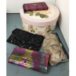 Five items - hat box containing three evening bags - black beaded bag by Together,