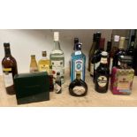 A collection of bottles of wine (red and white - white might be undrinkable), Clan Dew, Disaronno,