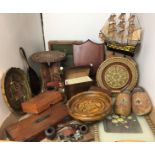 Contents to tray - nineteen items mainly treen including model of HMS Victory 32cm high,