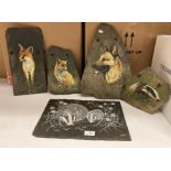 Four J. C. Cloke hand painted studies of animals on tiles and an E.