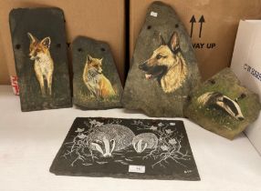 Four J. C. Cloke hand painted studies of animals on tiles and an E.